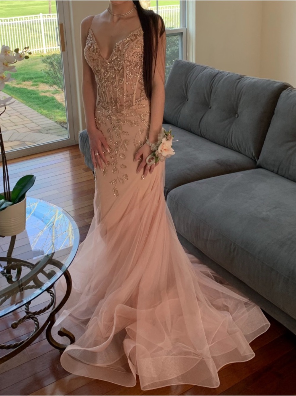 Blush Pink Beaded Tulle Prom Dress